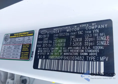 2017 Hyundai Santa Fe Se из США, поврежденный, VIN KM8SN4HF6HU169482